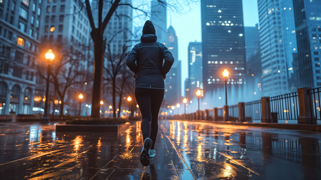 Jogger running in an urban setting at dawn or dusk, showcasing exercise snacking in a city environment with wet pavement reflecting streetlights.