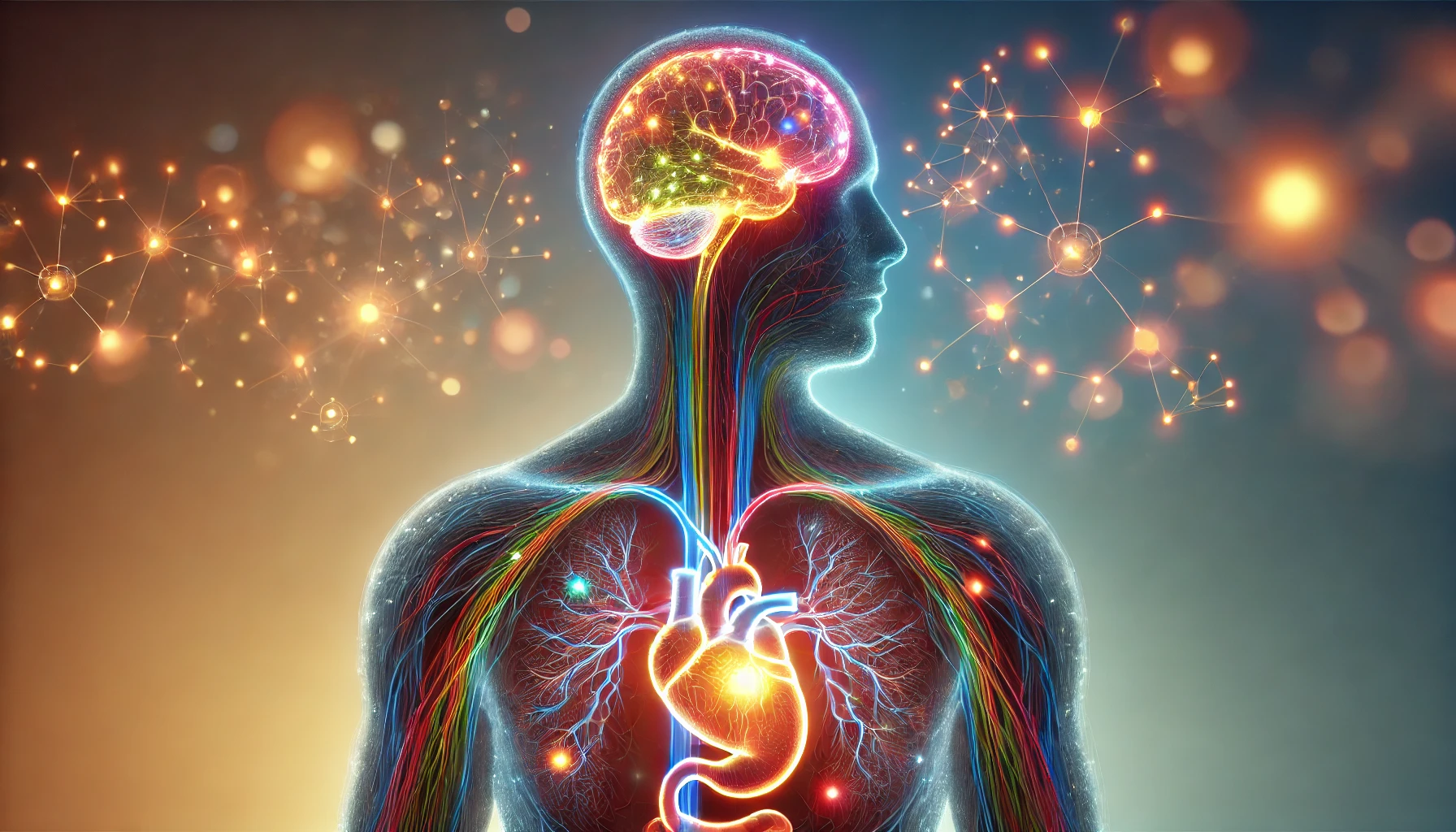 Human silhouette showing the influence of emotions on physical health with glowing connections between brain and body parts, representing stress, happiness, and anxiety.